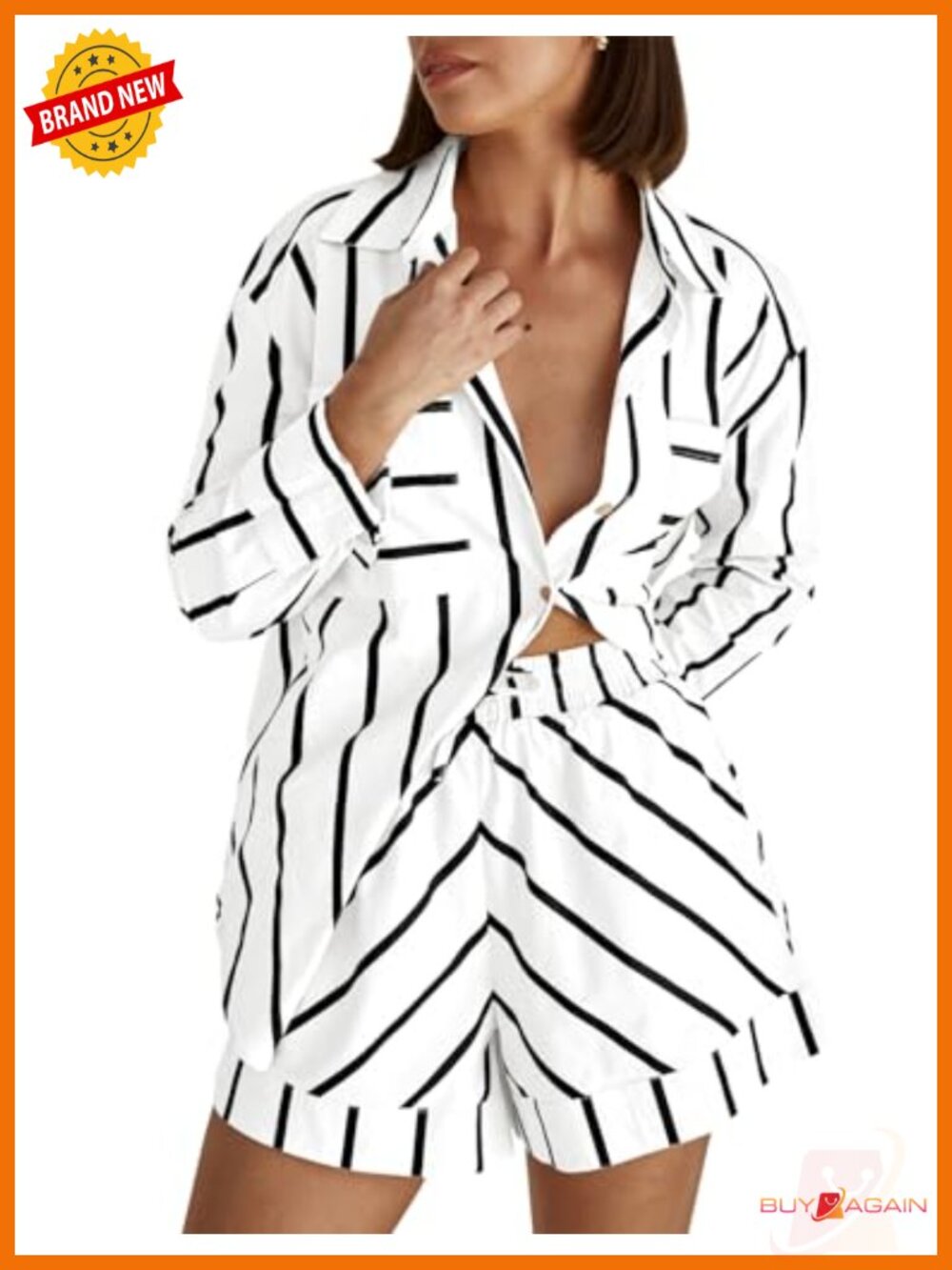 Striped 2 Piece Set Button Down Shirt High Waist Drawstring Shorts
